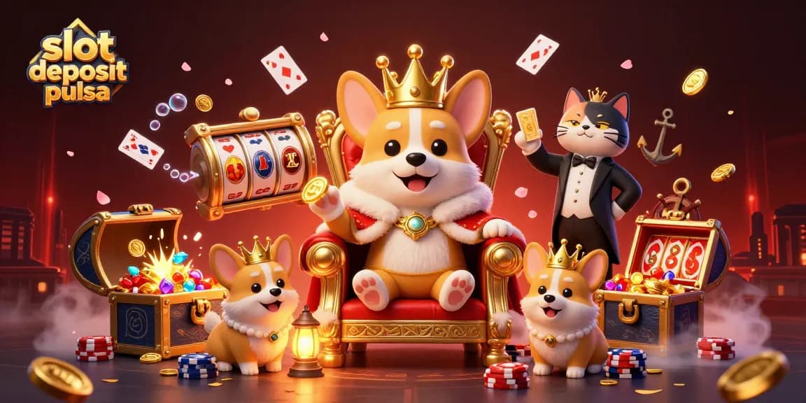 Engage with slot deposit pulsa in a vibrant digital casino scene featuring a corgi king, treasure, and slot reels.