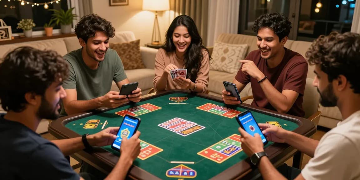 Players enjoying the Teen Patti gold game in a cozy living room setting, showcasing social interaction and excitement.