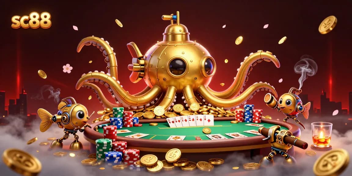 Engage with sc88's dynamic casino adventure featuring a golden kraken submarine amidst vibrant game elements.