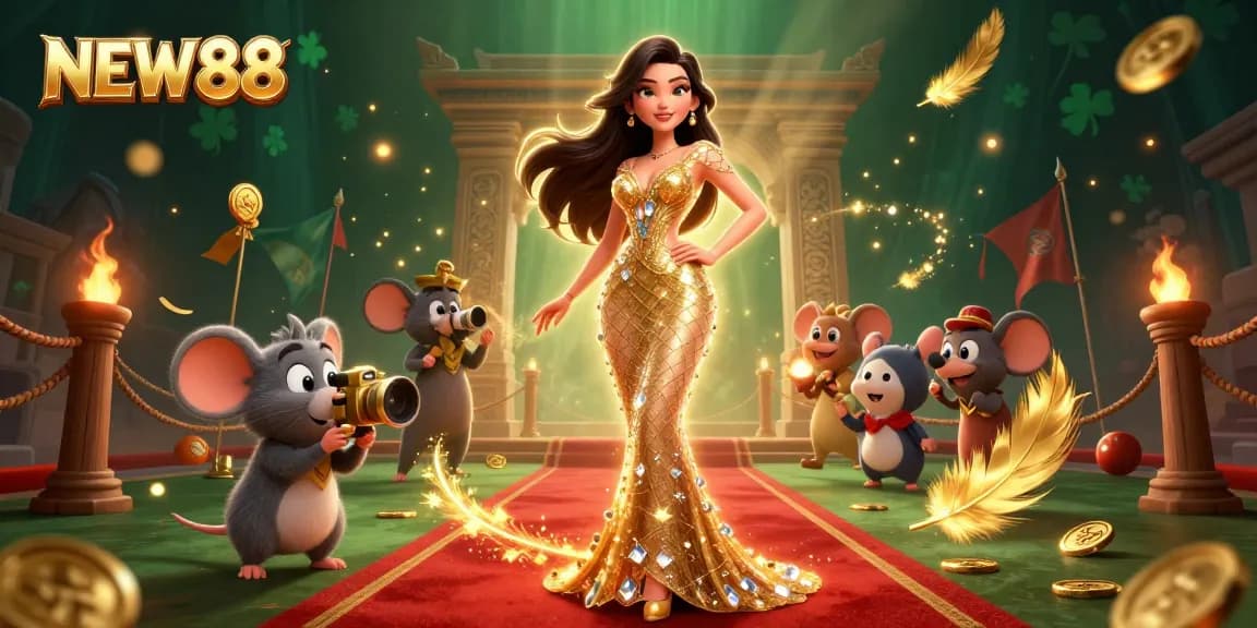 Experience excitement at NEW88 with a glamorous woman and a playful mouse surrounded by coins and casino elements.