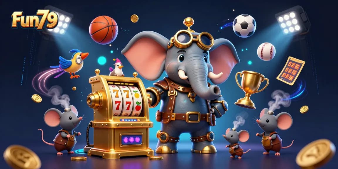 Play exciting games at Fun79, featuring colorful slot machines and dynamic sports elements in a vibrant casino atmosphere.
