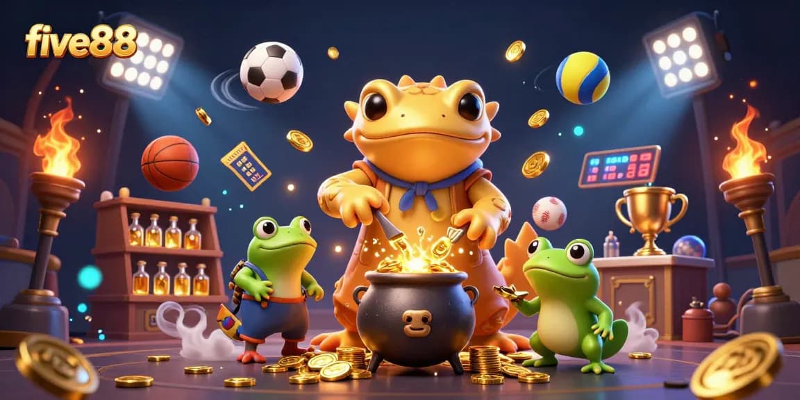 Experience five88 excitement with a golden salamander alchemist and sports elements in a magical scene.