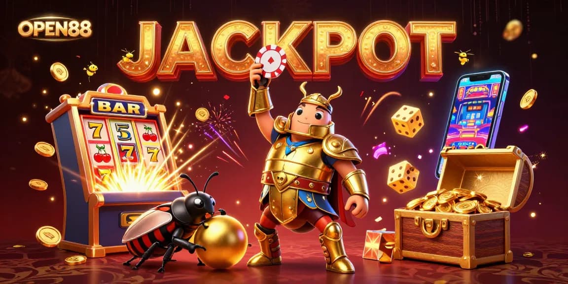 OPEN88's exciting winning scene featuring a gladiator beetle and a jackpot explosion of gaming elements
