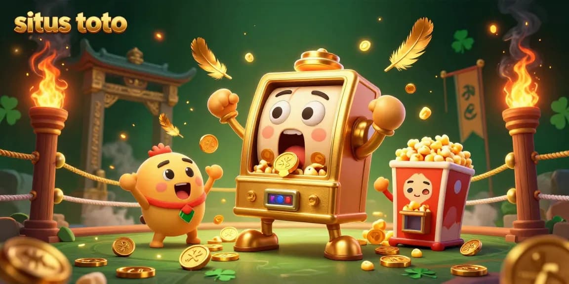 Situs toto showcases a vibrant 3D cartoon scene with a golden slot machine winning big amid cheers from baby machines.