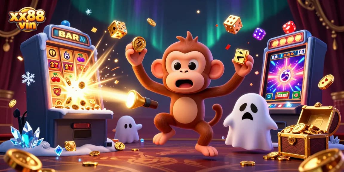 Engage with the exciting atmosphere of the xx88 vin casino scene, featuring a playful poltergeist monkey and a curious puppy.