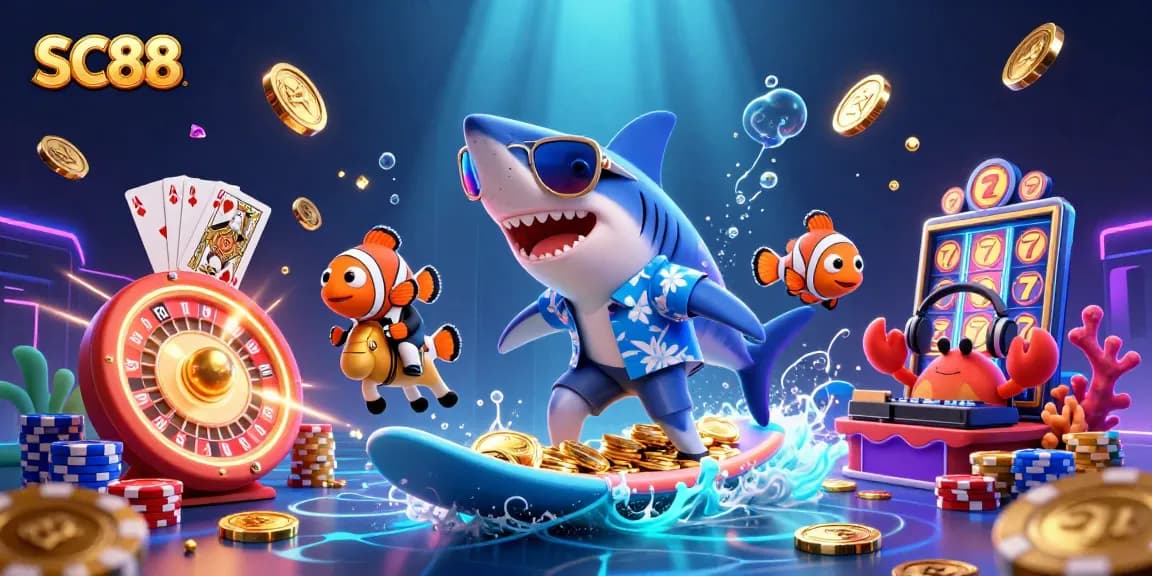 Surfing shark celebrates at SC88 casino, surrounded by golden coins and vibrant casino elements.