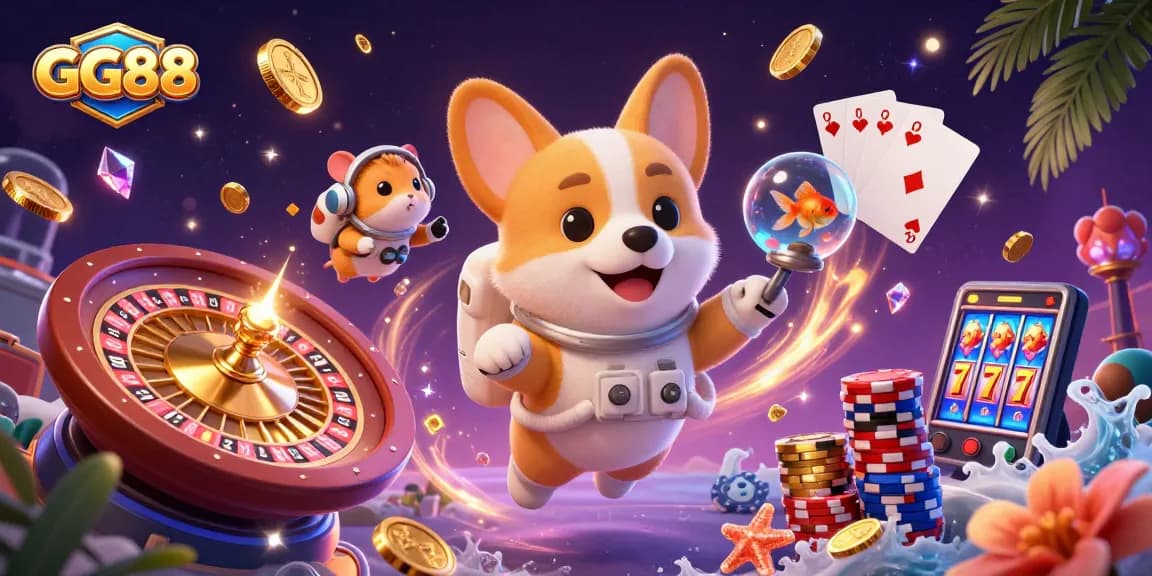 GG88 offers a vibrant casino experience with a cartoon astronaut corgi and exciting gaming elements in zero gravity.