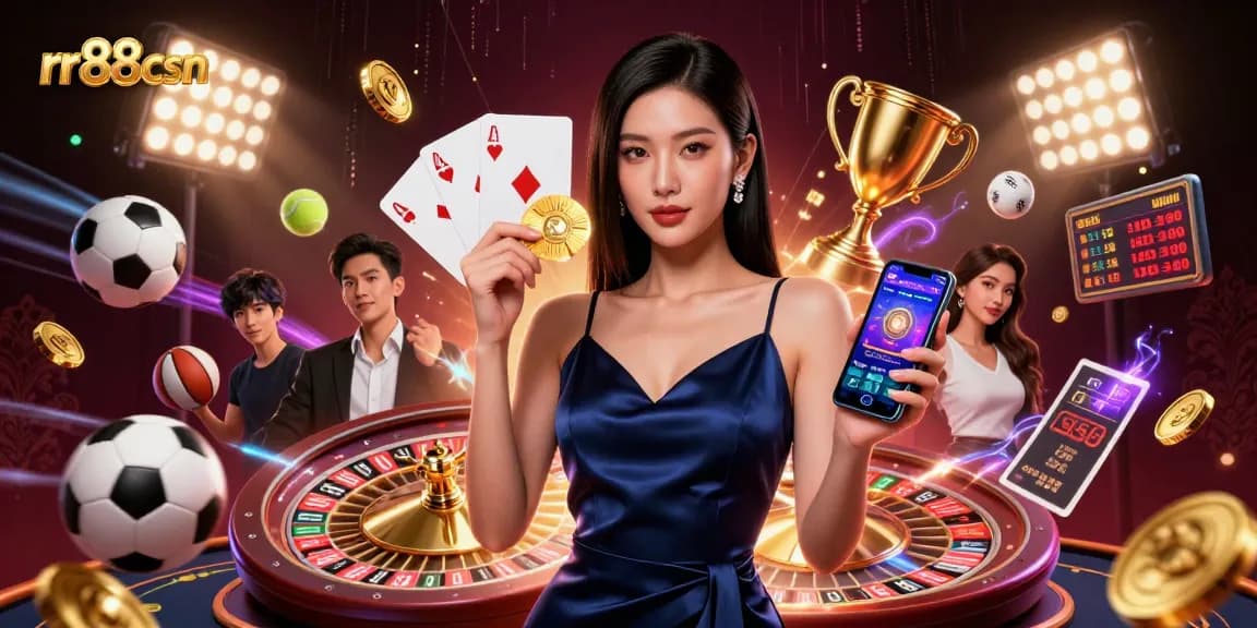 Engage with rr88csn's vibrant casino app experience featuring an elegant woman in a dynamic 3D casino setting.