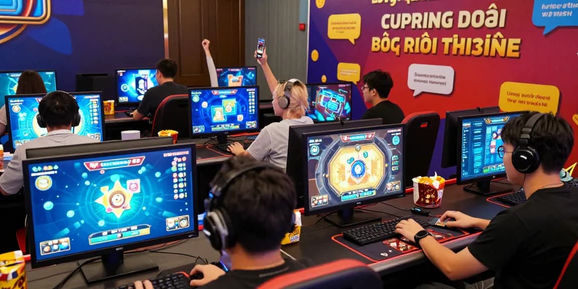 Exciting scene of young adults playing game bài đổi thưởng at a virtual casino, showcasing vibrant graphics and lively interaction.
