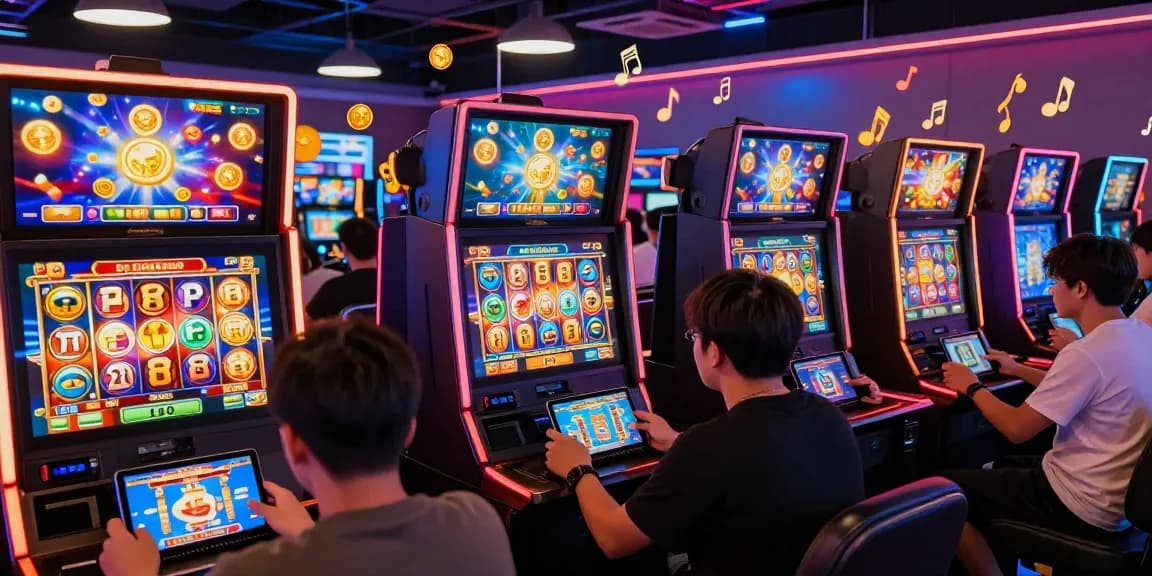 Players enjoying colorful slot auto wallet games in a vibrant gaming lounge atmosphere.