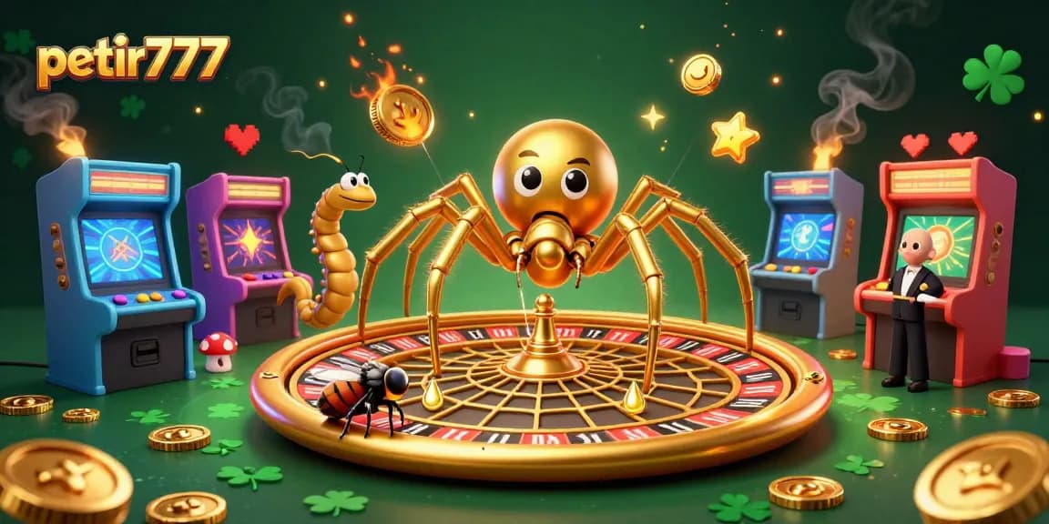 Engage with petir777's thrilling roulette wheel gaming scene featuring a golden spider and interactive game elements.