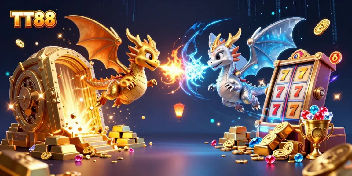 Experience the excitement of TT88 with intertwined dragons showcasing fire and ice effects, surrounded by treasures.