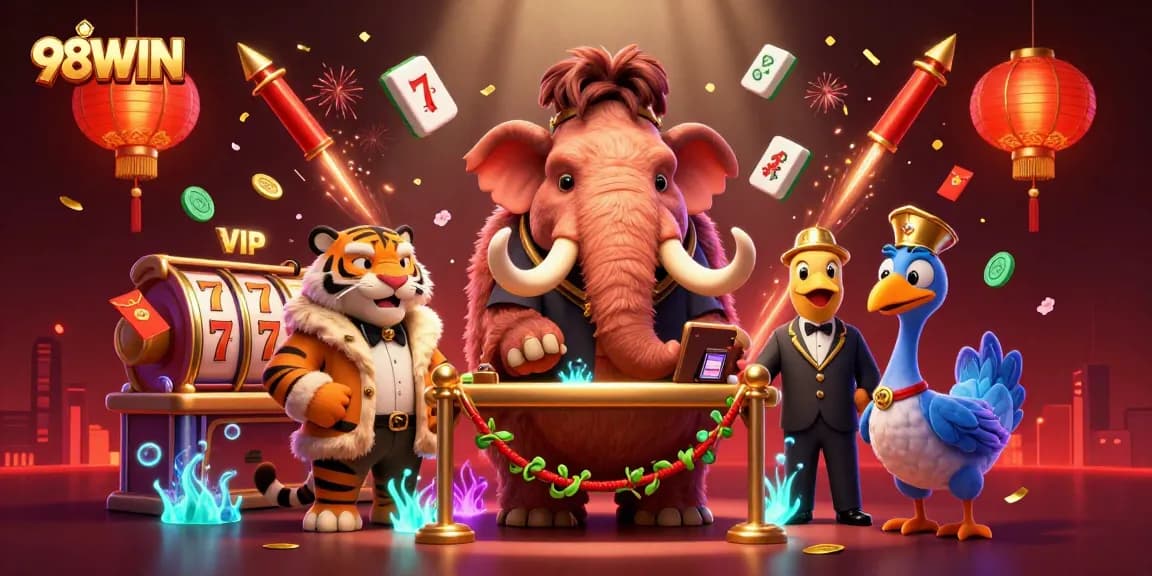 Spin to win with 98WIN, featuring a vibrant casino scene with unique characters and dynamic gaming elements.