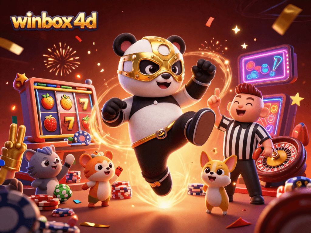 Winbox 4D features a panda wrestler performing a kick with vibrant casino elements around.