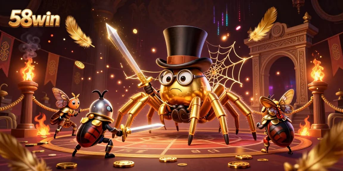 Experience thrilling moments at 58win with golden tarantula and beetle knight in a vibrant casino scene.