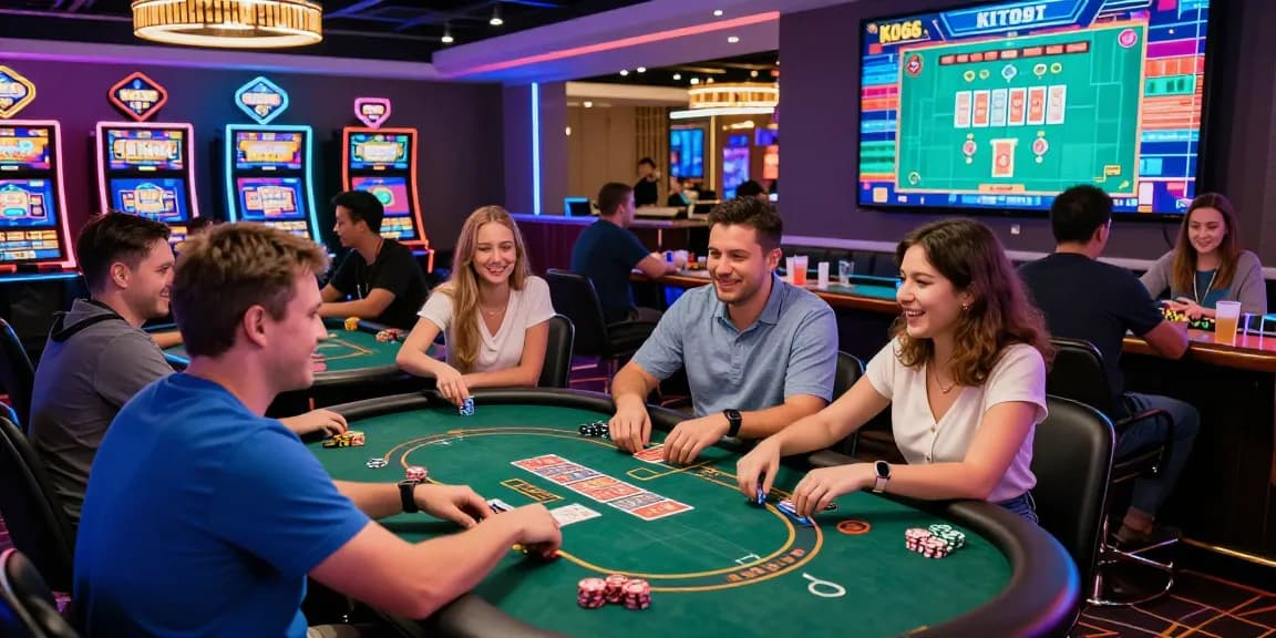 Exciting casino atmosphere at KO66 with players enjoying games and vibrant lights.