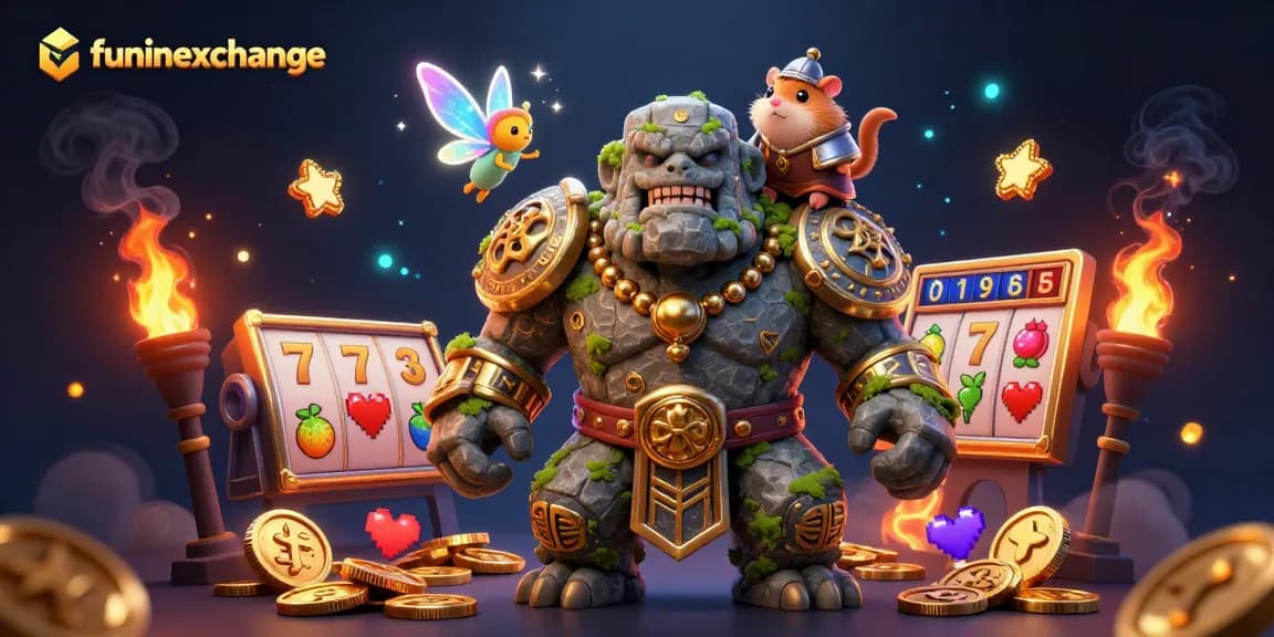 Experience the excitement of funinexchange with 3D animated casino action featuring a magical golem and vibrant game elements.