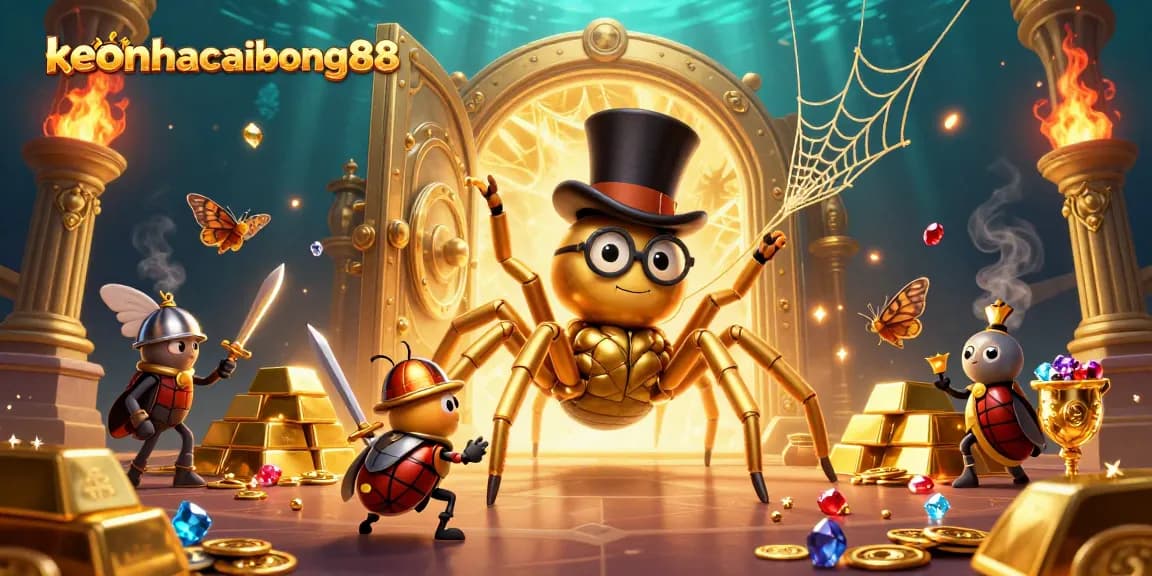 keonhacaibong88 showcases thrilling casino action with a golden tarantula and beetle knight amidst treasures.