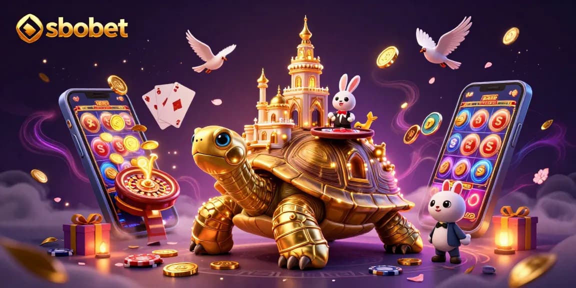 SBOBET offers a vibrant gambling experience illustrated with a golden tortoise casino and animated characters.