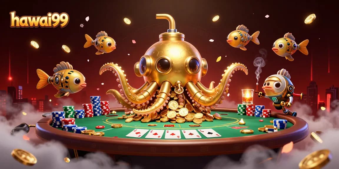 Engage with the dynamic world of hawai99 featuring a bold kraken submarine amid vivid poker elements.