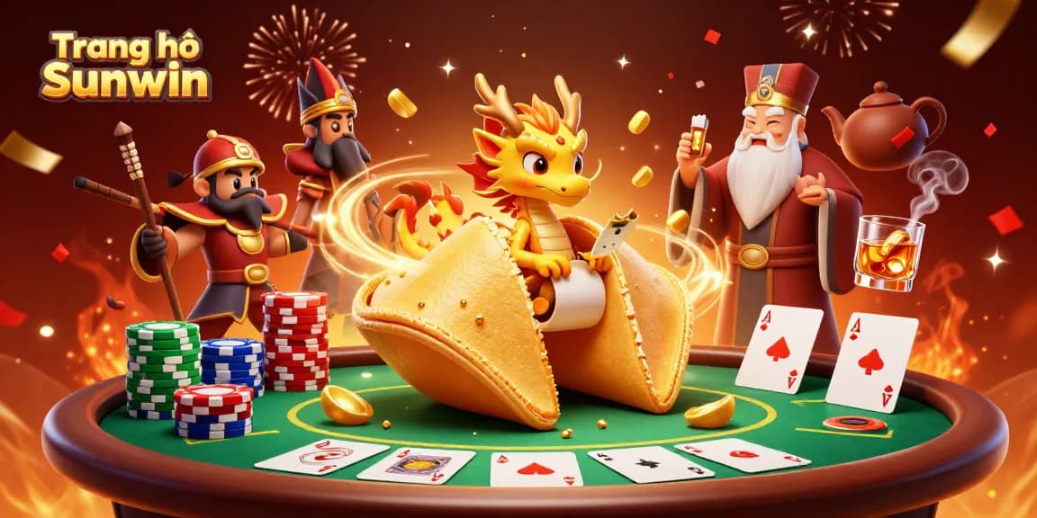 Engage with Trang chủ Sunwin's vibrant atmosphere featuring a golden fortune cookie and dynamic poker scene.