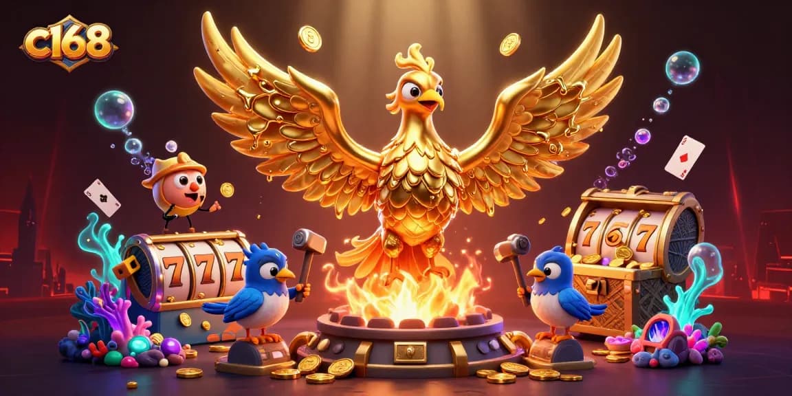 Experience c168's vibrant gaming scene with a molten phoenix conjuring thrilling slot wonders and treasures.