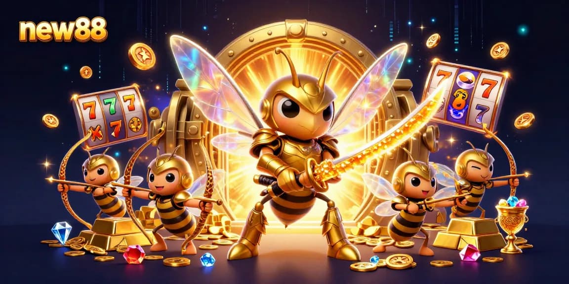 Experience thrilling wins at new88's vibrant casino scene featuring stunning characters and gold treasures.