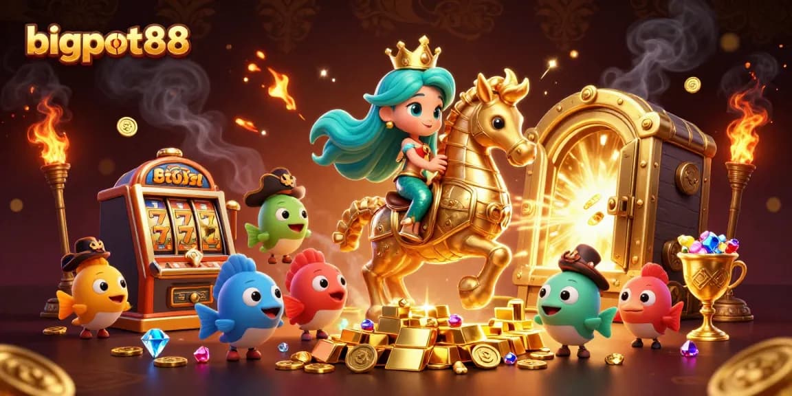 Spin and win with bigpot88, featuring a vibrant mermaid surrounded by treasure and slot machines.