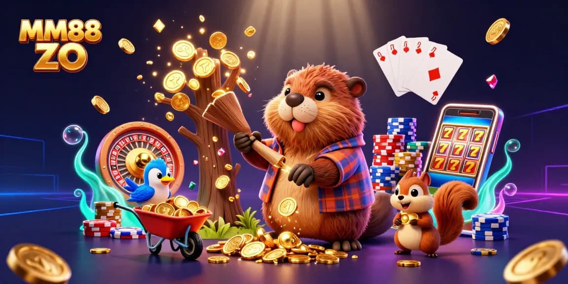 Win big with MM88 ZO as a beaver chops a tree raining golden coins in a vibrant casino scene