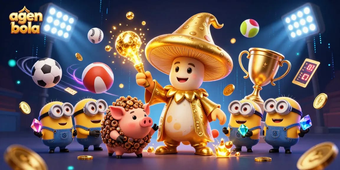 Enhance sports bets with agen bola in a vibrant 3D wizard scene with treasure and dynamic sports elements.