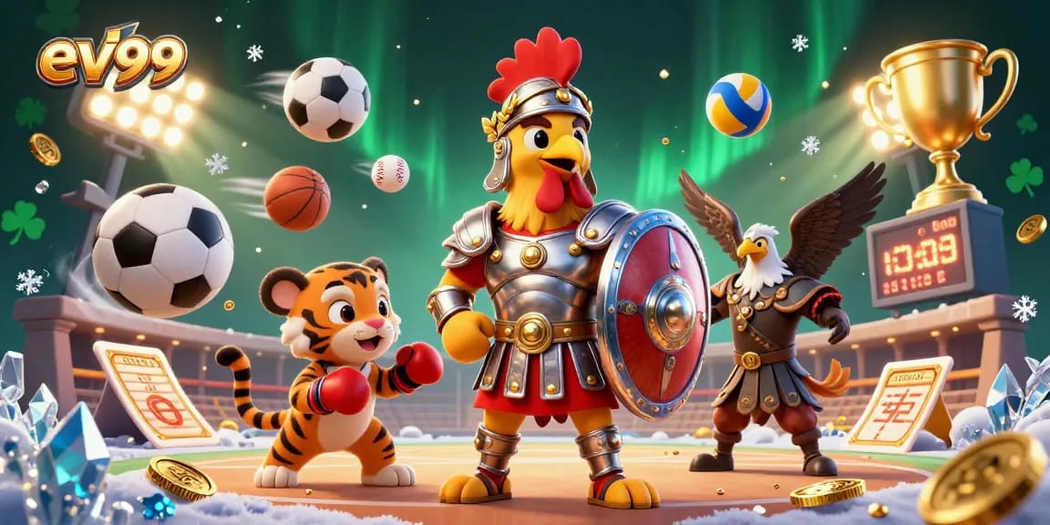 Bet on ev99's thrilling sports arena with a rooster gladiator, tiger cub, and eagle, capturing the excitement of winning.