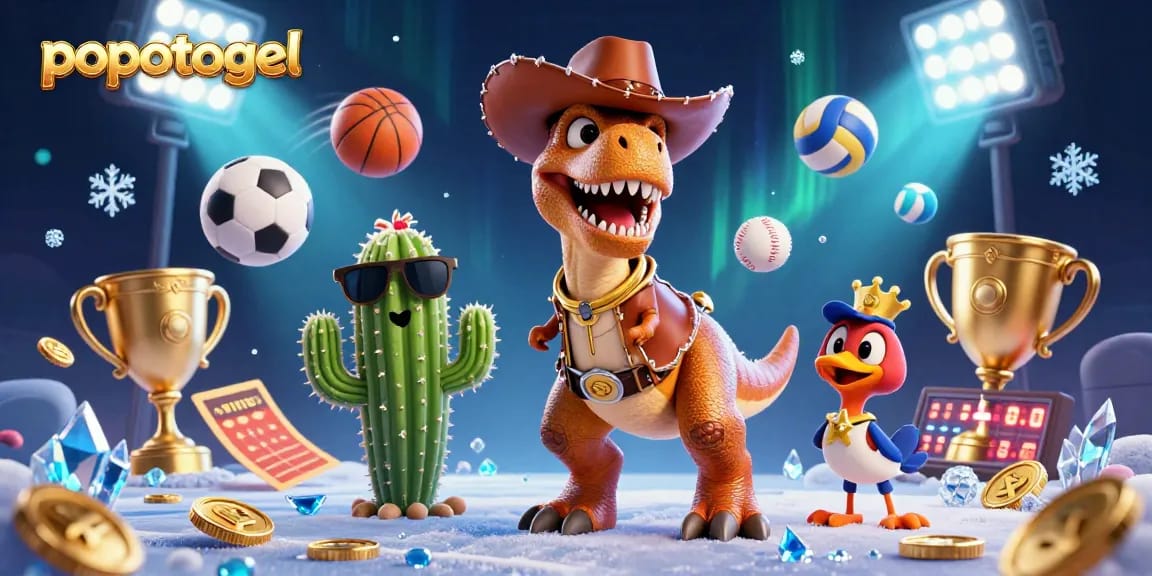 Engage with popotogel as a vibrant 3D illustration featuring dynamic casino elements and characters.