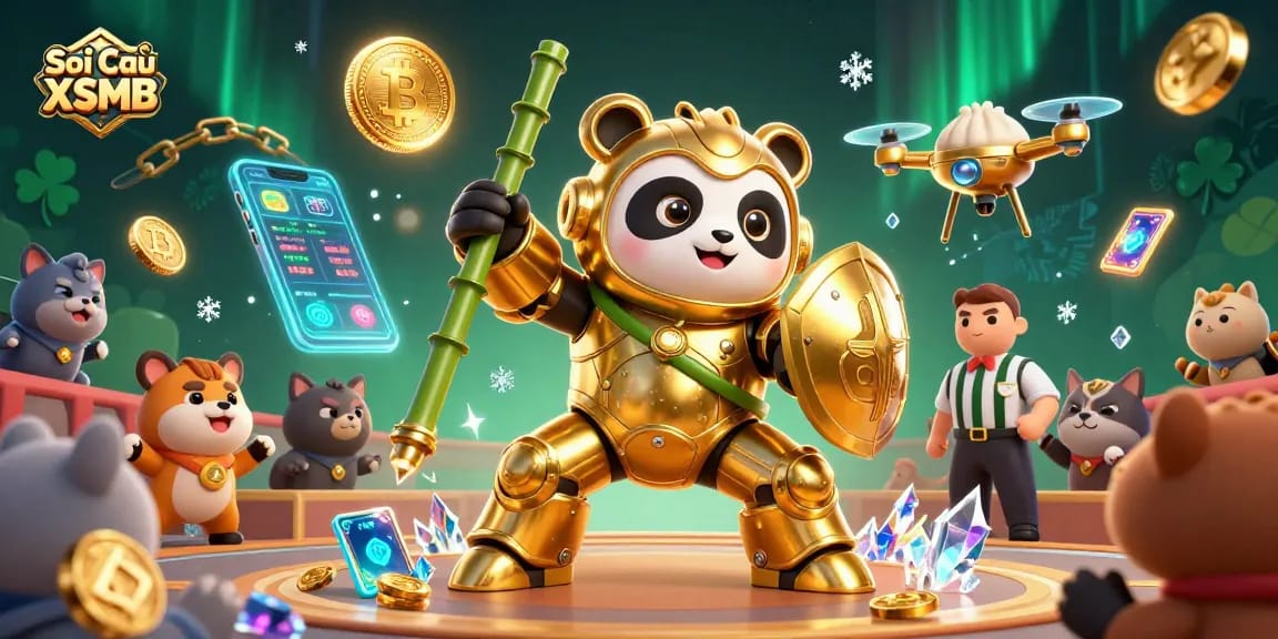 Soi Cầu XSMB showcases an exciting 3D illustration of gambling excitement, featuring dynamic robotic elements.