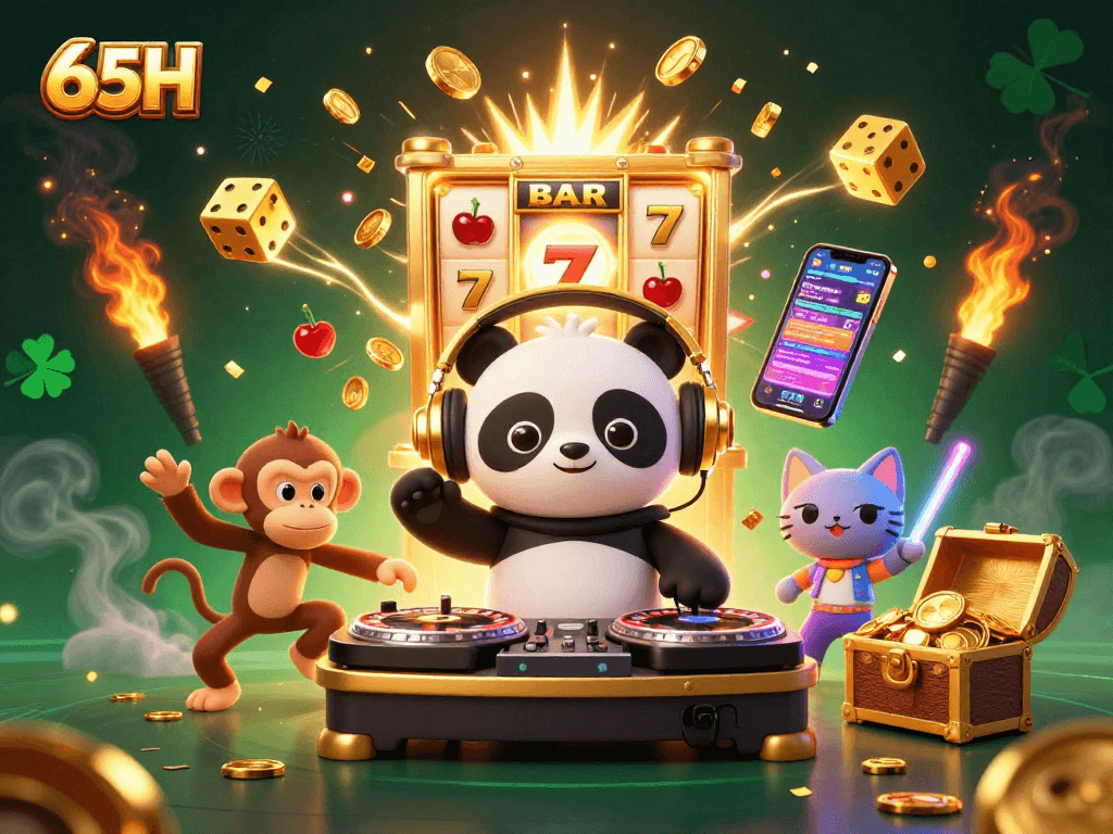 65H: visualização vibrante com panda DJ e monkey dançante em cassino interativo.