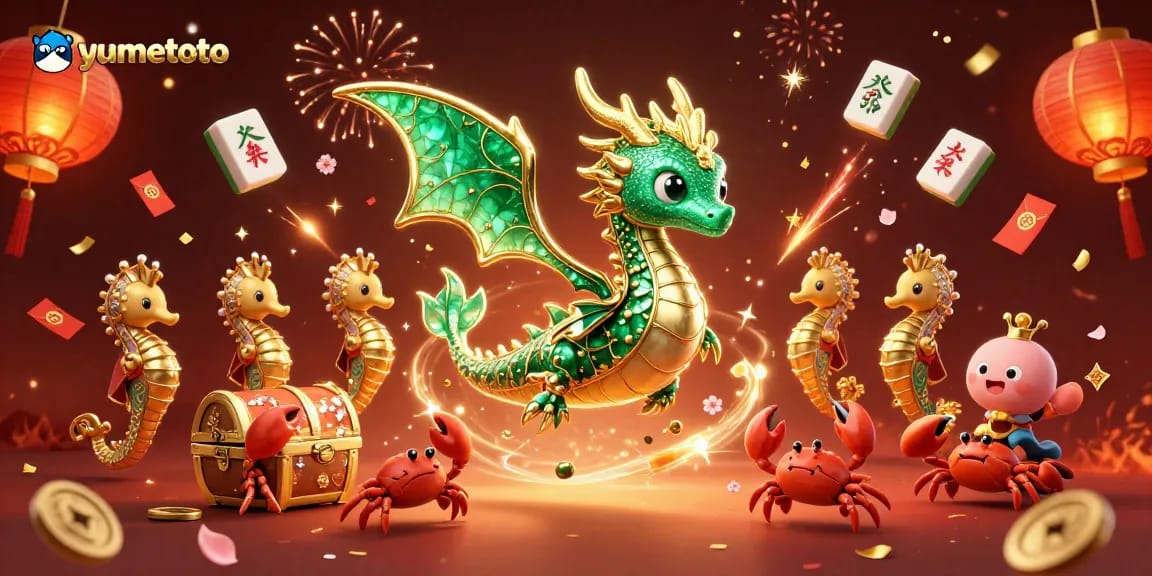 Experience the thrill of yumetoto with vibrant casino elements including a sea dragon, treasure chest, and lucky symbols.