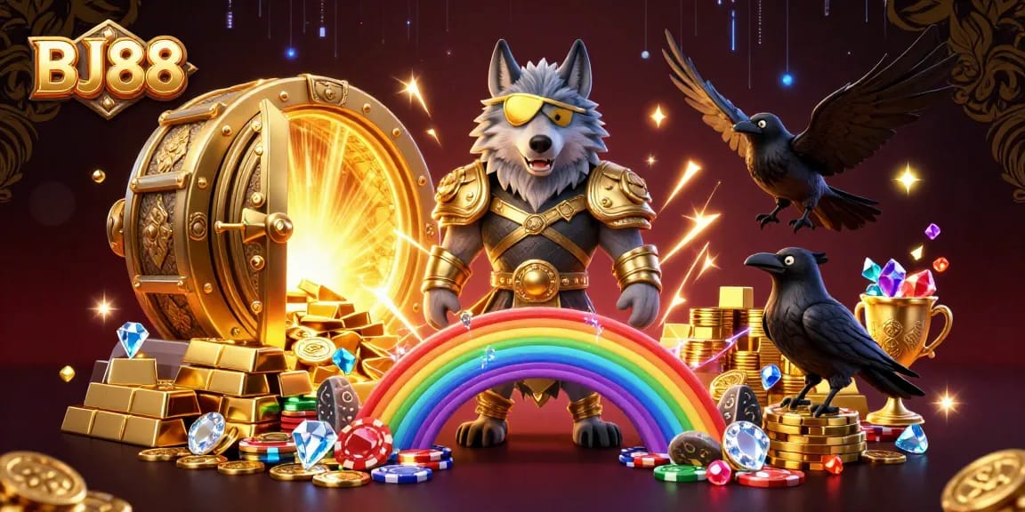 Engage with BJ88 Casino's vibrant gaming experience featuring Odin and ravens amidst treasures.