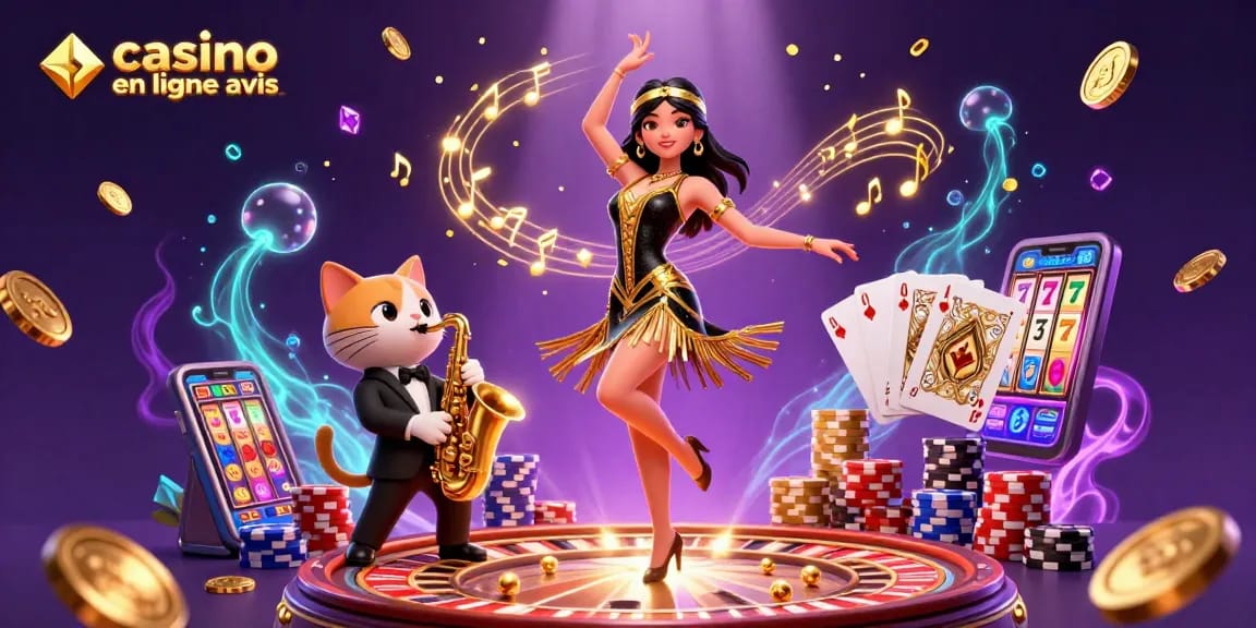 Avis sur les casinos en ligne mettant en avant des éléments de casino passionnants avec des personnages dansant et jouant.