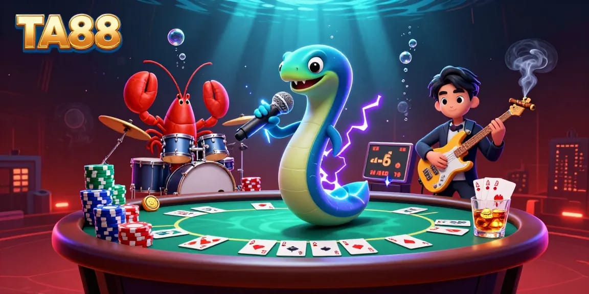 Experience TA88's electrifying performance underwater, surrounded by vibrant casino action and game elements.