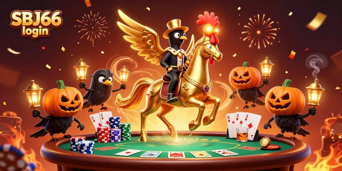 A dynamic illustration for SBJ66 login showcasing a golden rooster, poker tables, and festive elements, creating an exciting betting atmosphere.