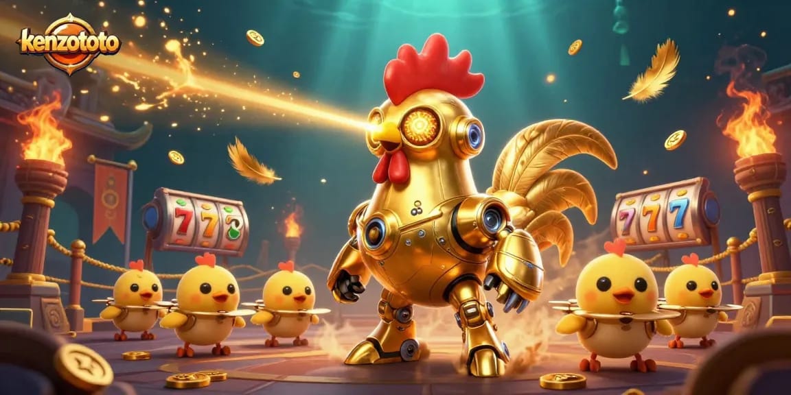 Play thrilling games and win with kenzototo, featuring an extravagant 3D illustration of a golden rooster robot and cute chick drones.