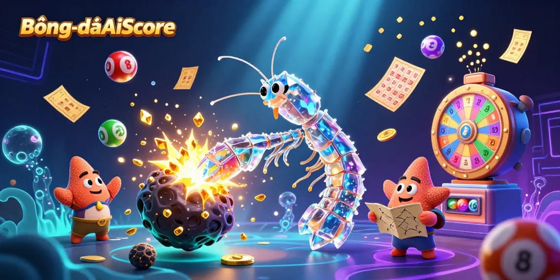 BóngđáAiScore showcases a vibrant 3D scene of a galactic samurai mantis shrimp surrounded by colorful lottery elements.