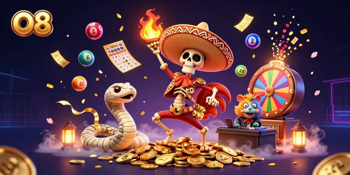 Engage in thrilling gaming excitement with O8's lively casino illustration of dancing characters.
