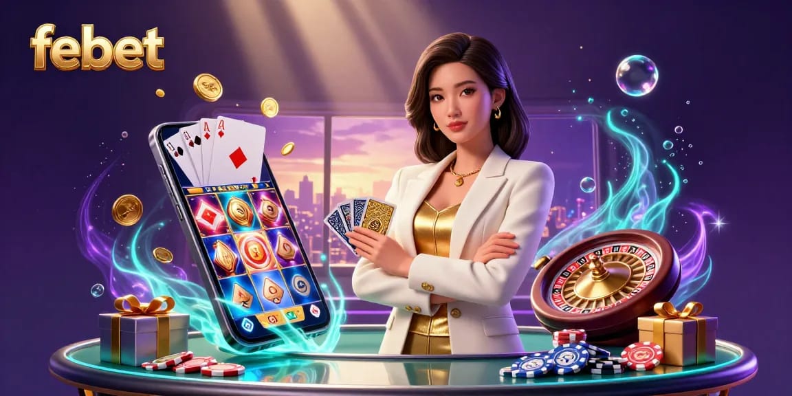 Experience thrilling gameplay at febet with a glamorous Asian businesswoman holding golden cards amid casino action.