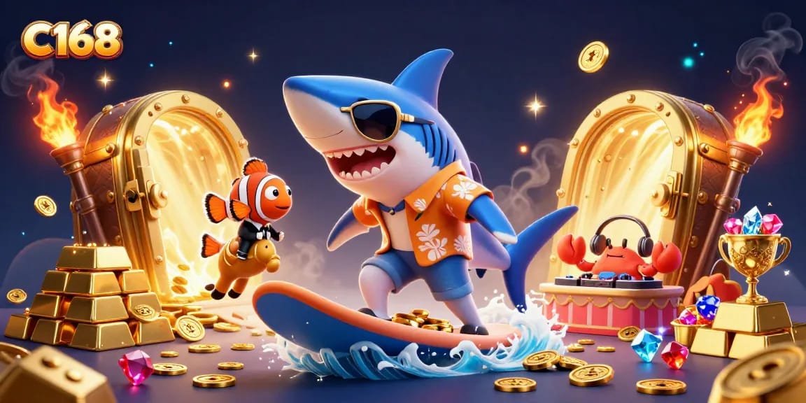 C168 players enjoy animated fun with vibrant seals, gold coins, and treasures around a coral DJ.