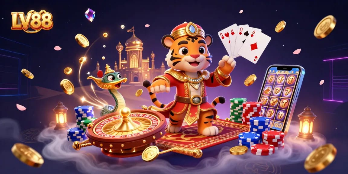 Experience the excitement of LV88 with a vibrant 3D illustration showcasing casino-themed characters and game elements.
