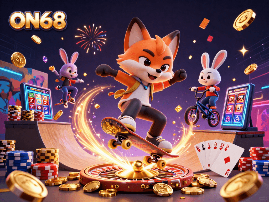 Experience thrilling gaming at ON68 with a dynamic 3D scene featuring cartoon characters surrounded by casino elements.