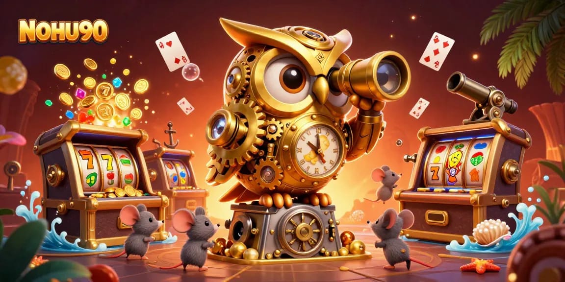 Engage with the vibrant NOHU90 casino scene featuring lively slot machines, golden owl, and dynamic game elements.