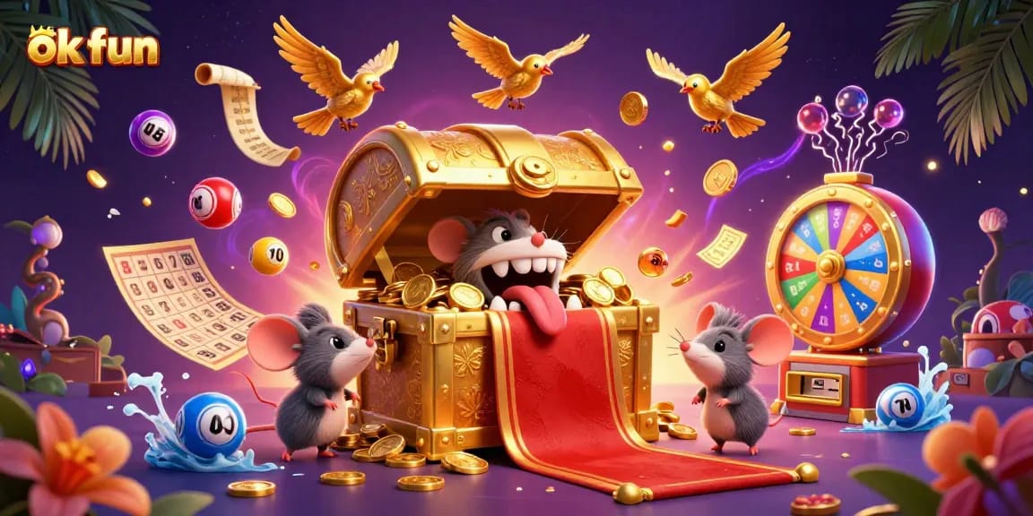 A dynamic ok fun illustration showcasing a treasure chest and gambling elements, creating a vibrant casino atmosphere.