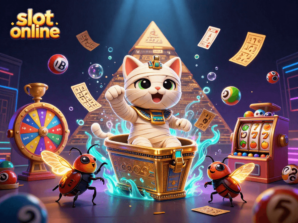 Mainkan slot online di kasino dengan kucing mumi, bola lotere, dan kartu hieroglif.