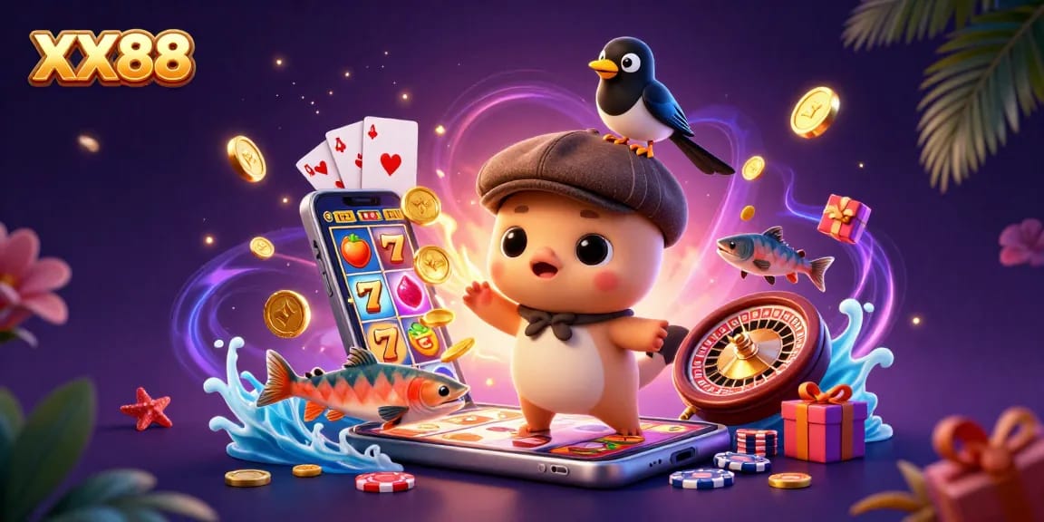 Play exciting slot games with XX88 featuring cartoon Nessie and golden coins spilling over.